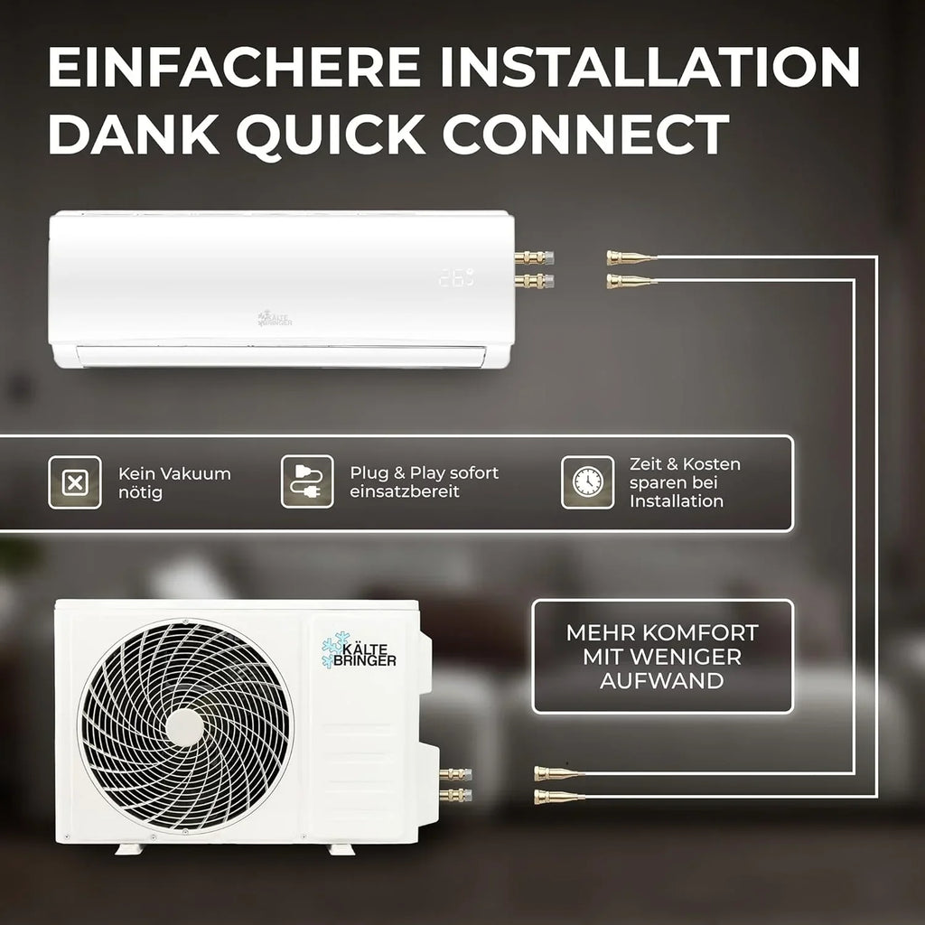 Aire acondicionado Split Kältebringer Quick Connect - 12000 BTU (3,4 kW) con función de calefacción, WiFi y App, hasta 91 m², muy silencioso - tubería de cobre de 5 m, refrigerante R32, material de montaje, soporte de pared