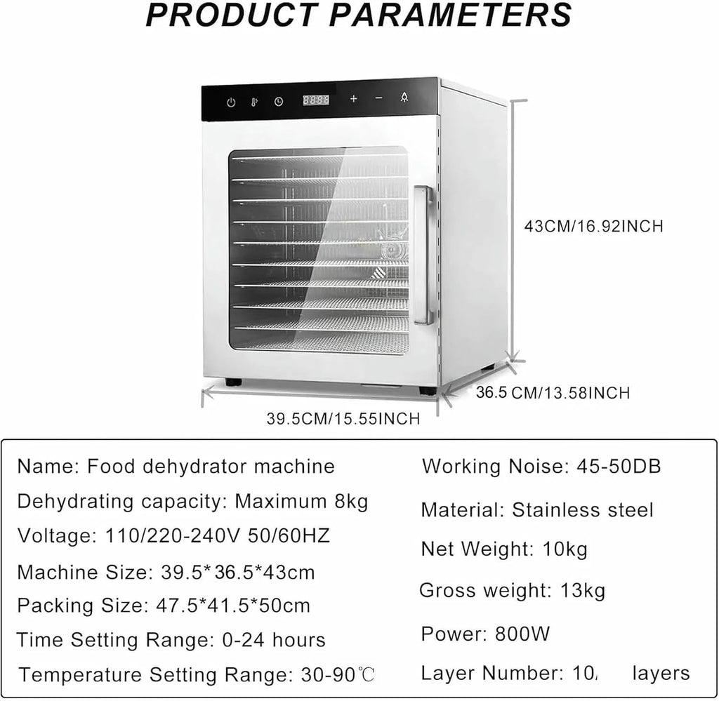 10-taca Cicha suszarka do żywności, suszarka do zamrażania 800W z regulacyjną temperaturą 30-90 °C - 24H Timer, duża pojemność warzyw, owoców, mięsa i przekąsek
