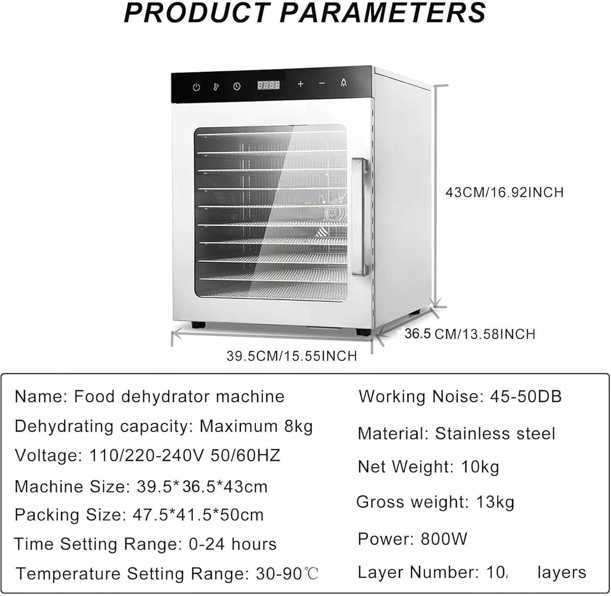 10-taca Cicha suszarka do żywności, suszarka do zamrażania 800W z regulacyjną temperaturą 30-90 °C - 24H Timer, duża pojemność warzyw, owoców, mięsa i przekąsek