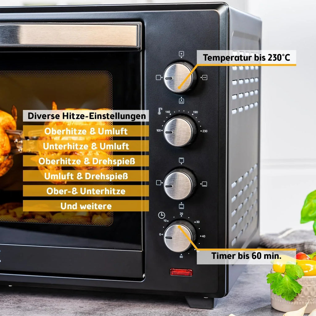 Minihorno TZS First Austria 60 L 2000 W, horno para pizza, 230 °C, 6 modos, temporizador de 60 min, 4 alturas de inserción, bandeja de horno, rejilla, asador giratorio, A++