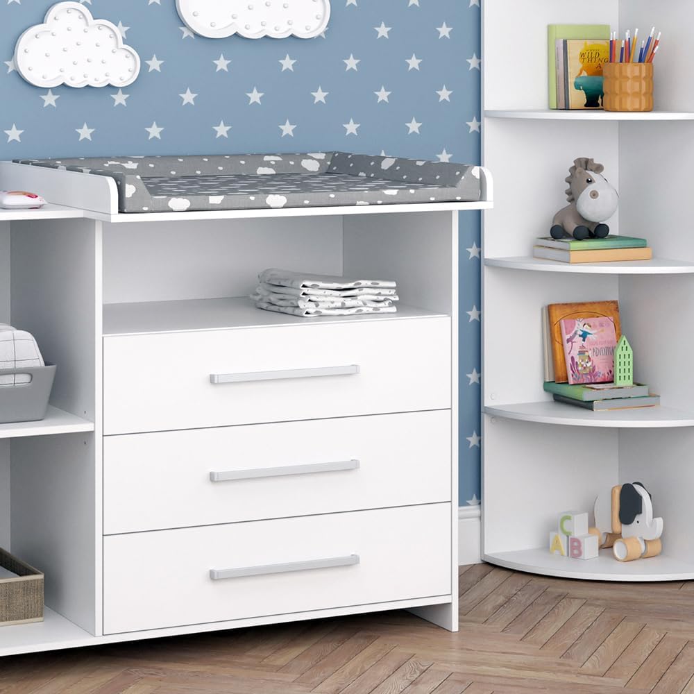 Juego de habitación infantil Vicco Oskar, blanco, 2 piezas, con cambiador y estante para juguetes, convertible en cómoda normal tras retirar el cambiador