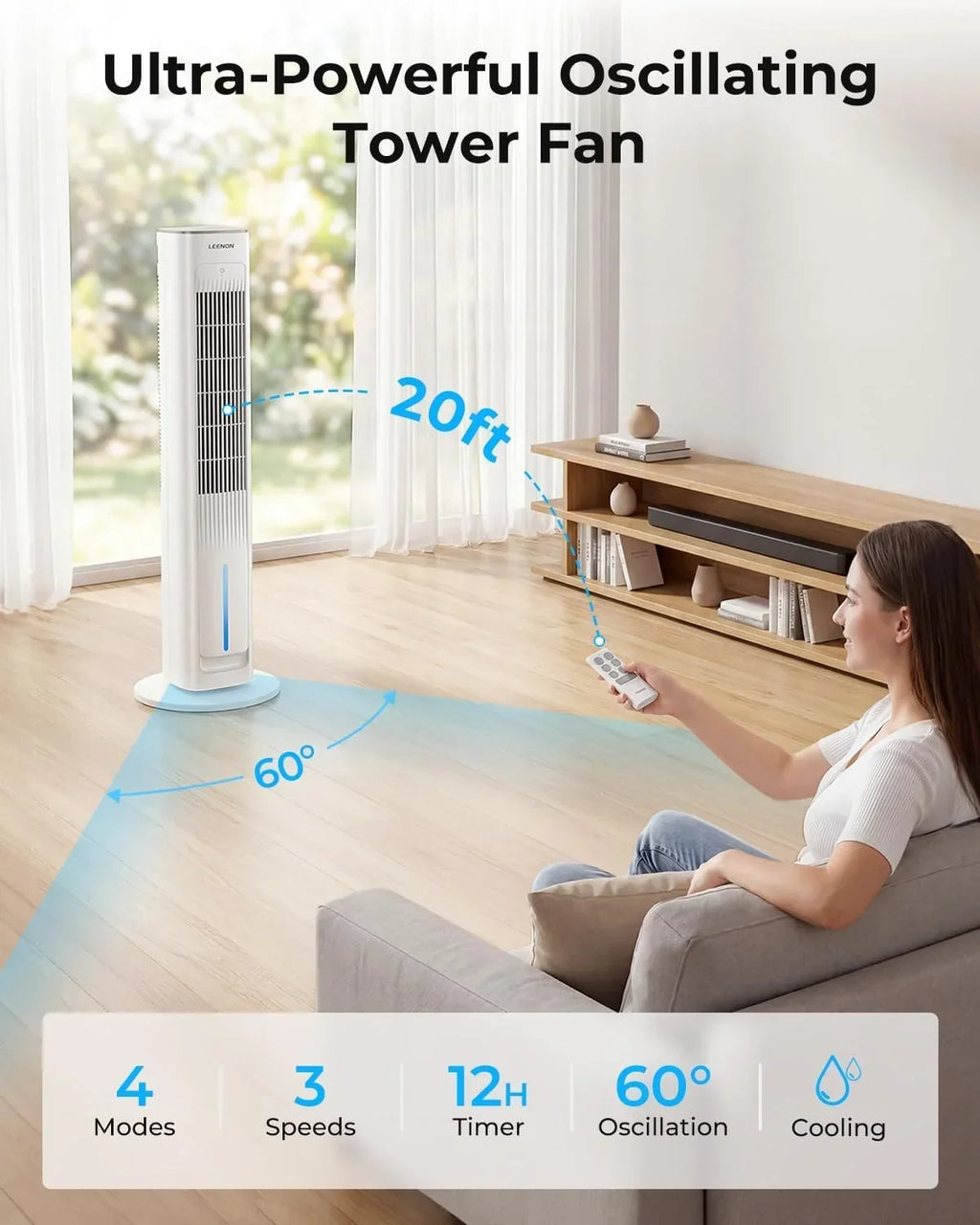 Ventilador de torre con refrigeración por agua ATF-026L 38 pulgadas 60W, enfriador evaporativo con control remoto, 3 velocidades, temporizador de 12H