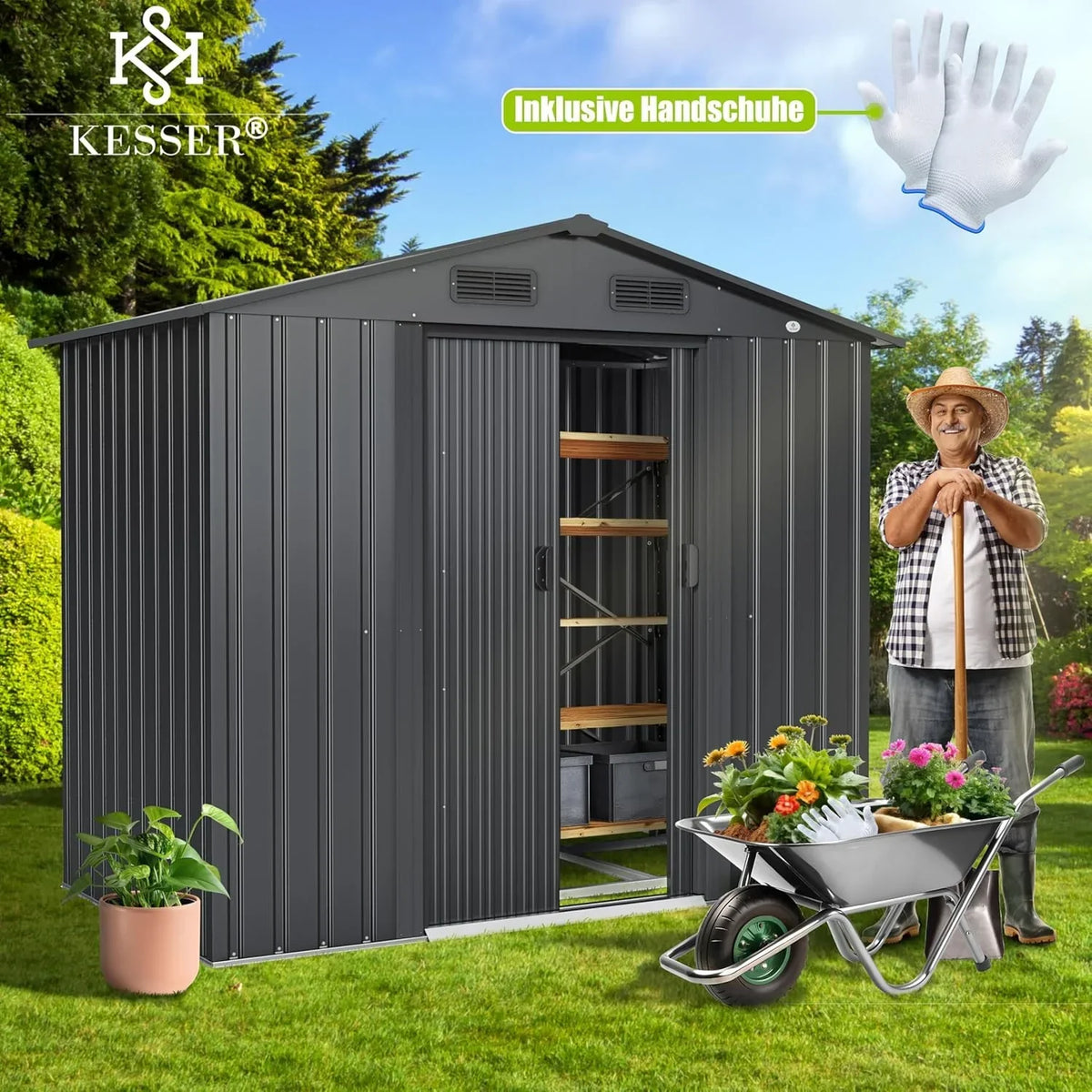 Cobertizo de jardín de metal 195x131x186cm 4,2m³ puerta corredera con marco de base antracita