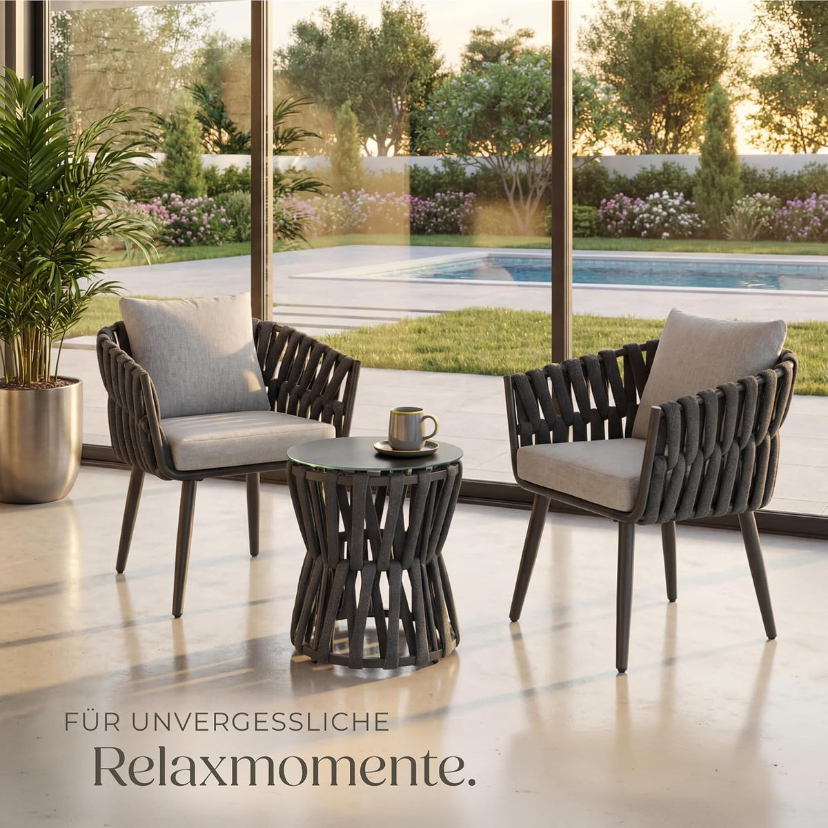 tectake® Gartenmöbel-Set Lugano Rope-Design, Aluminiumgestell, Tisch 2 Stühle, Dicke Sitzpolster, Gartenlounge, Loungemöbel, Gartensitzgruppe, Outdoor Lounge Set, Terrassenmöbel, Balkonmöbel