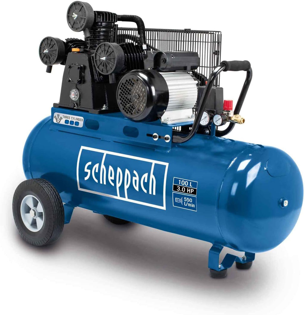Compresor de aire Scheppach HC550TC, 3 cilindros, transmisión por correa, conexión de 230 V, potencia de 3 HP, capacidad de aspiración de 550 L/min, presión de trabajo de 10 bar, depósito de 100 L con dispositivo de desplazamiento y reductor de presión
