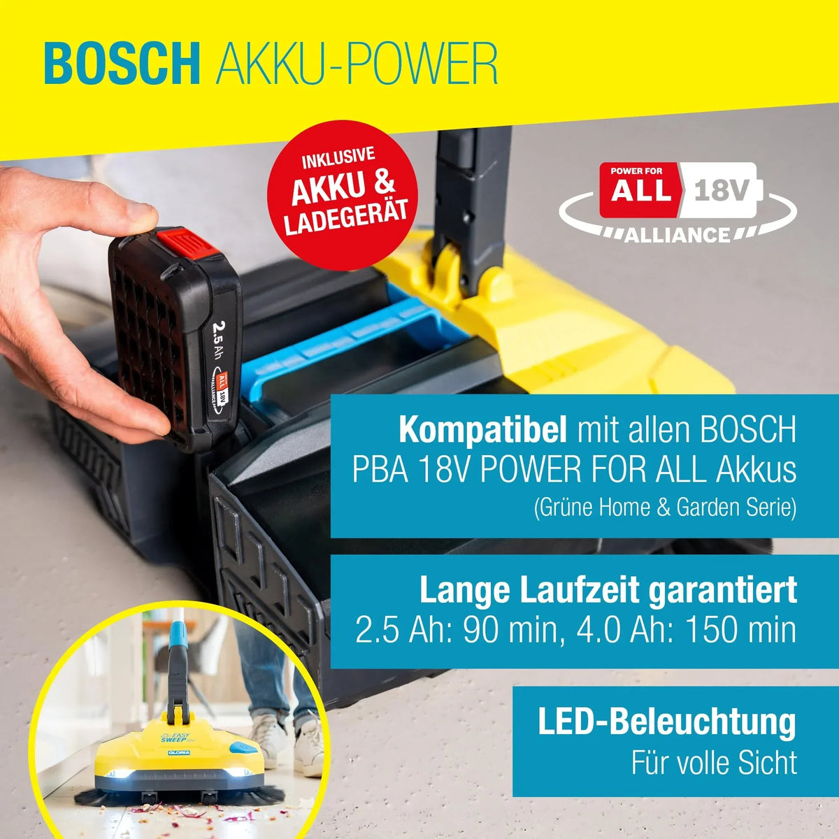 Gloria EasySweep 18V Set barredora a batería, 40 cm, depósito de 4,5 l, para acera, terraza, entrada, garaje, interior y exterior