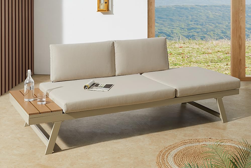 Riess Ambiente - Salón de jardín modular ajustable Miami - 230 cm - Champán greige - WPC aluminio - Sofá de jardín tumbona con estante