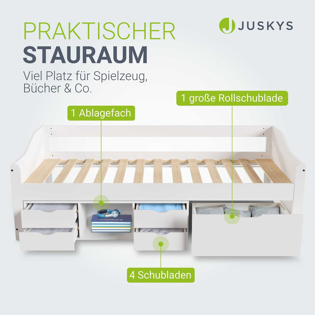 Cama funcional Juskys Nalu 90x200 cm - Cama de madera con somier y cajones - Cama con almacenamiento para niños - Cama juvenil, cama infantil, cama de invitados - Blanco
