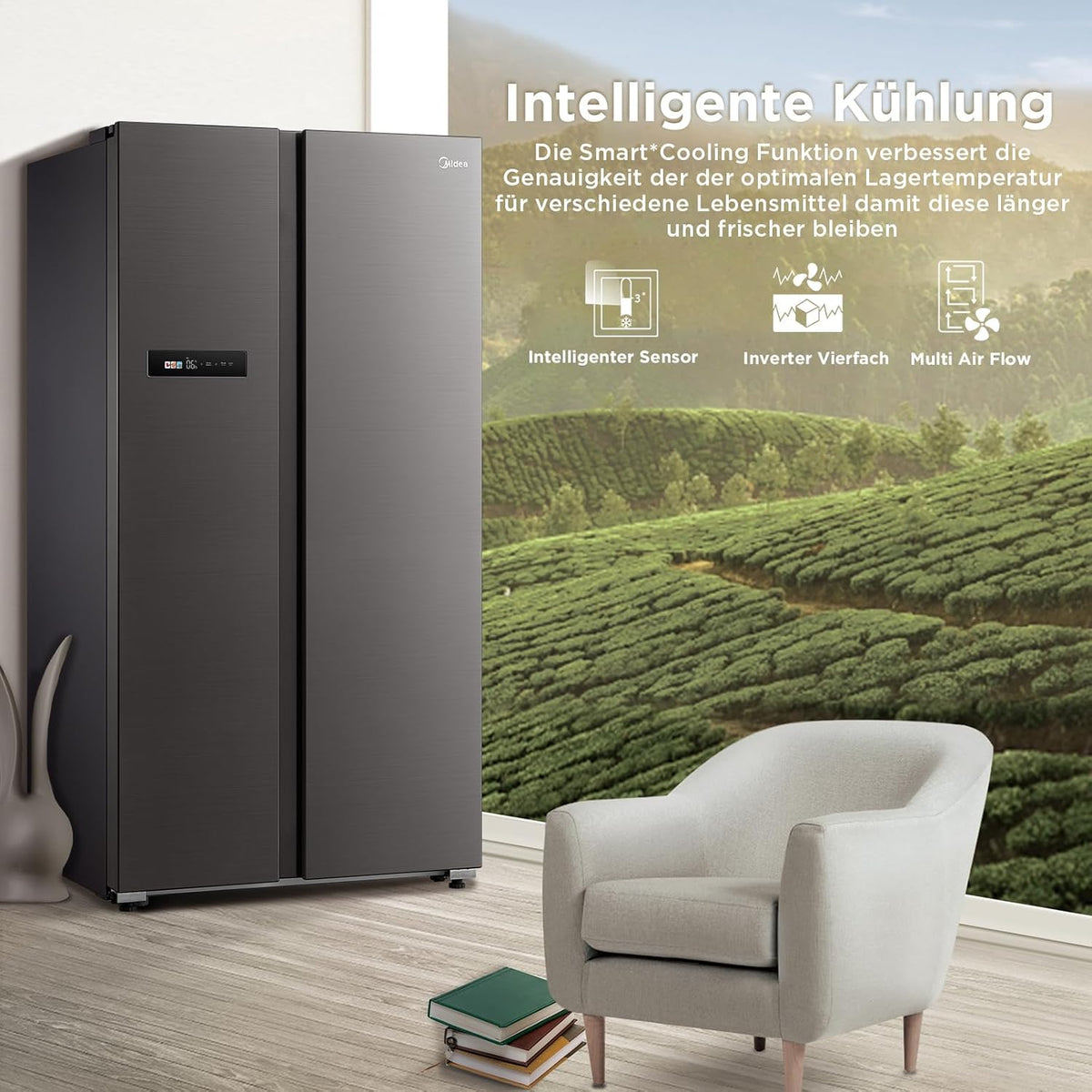 Midea KS-DDX 6.32 WT Frigorífico americano / 178,8 cm de altura / 254 kWh/año / No Frost / Compresor Dual Inverter / con dispensador de agua/hielo 3 en 1 y depósito de agua, Dark Inox