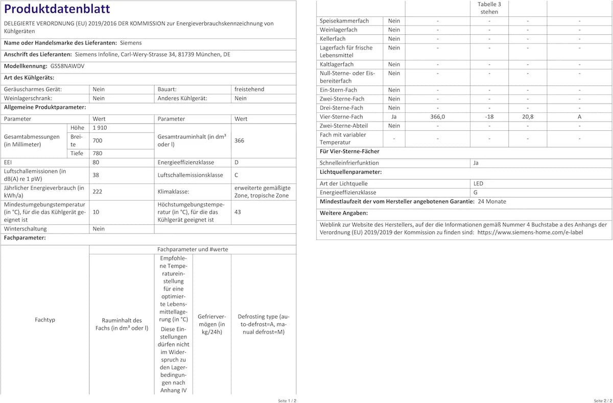 Congelador Siemens GS54NAWCV iQ500, 176 x 70 cm, 327 L, noFrost nunca más volver a descongelar, bigBox espacio para alimentos congelados grandes, varioZone estantes y cajones de cristal flexibles, Blanco