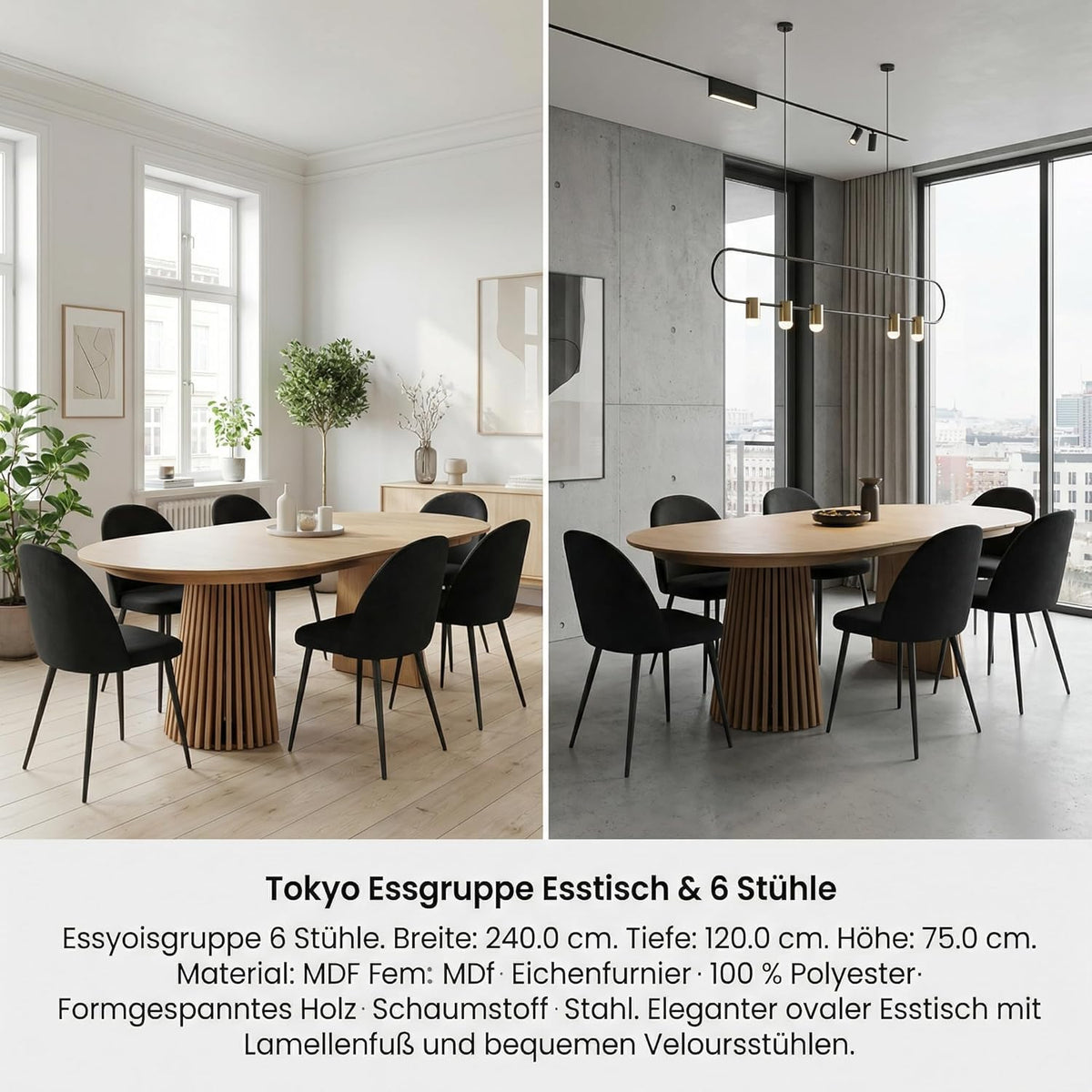 ebuy24 Mesa de comedor ovalada extensible - Juego de comedor Tokyo de 7 piezas para 6 personas, color natural, 120x120-160/200 cm, mesa con 6 sillas de terciopelo negro, conjunto de comedor, grupo de comedor, cocina comedor, muebles de comedor