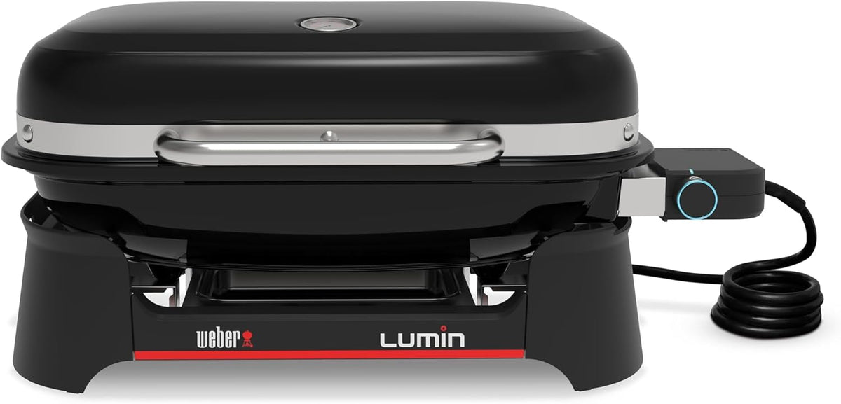 Barbacoa eléctrica Weber Lumin, hasta 315 °C, con termómetro en la tapa, rejillas de hierro fundido vitrificado, superficie de cocción de 33 x 49 cm, negro (1502045)