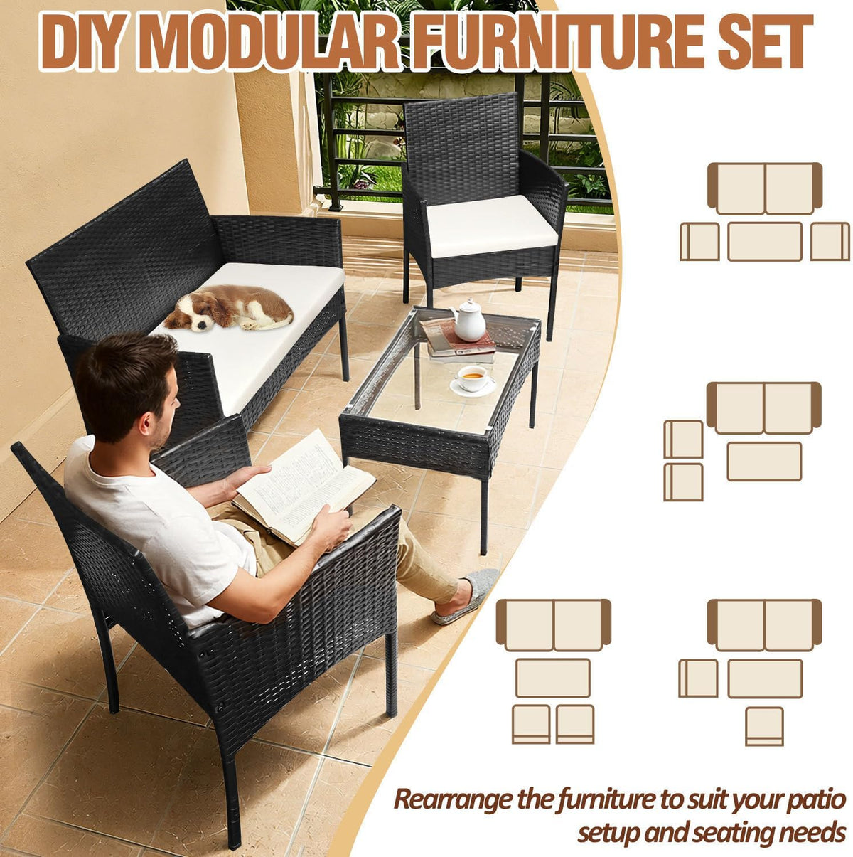Set de muebles de jardín de ratán sintético para 4 personas, con sofá de 2 plazas, 2 sillas, mesa y cojines, resistente a la intemperie, conjunto de muebles de terraza y balcón en negro para jardín, patio y balcón