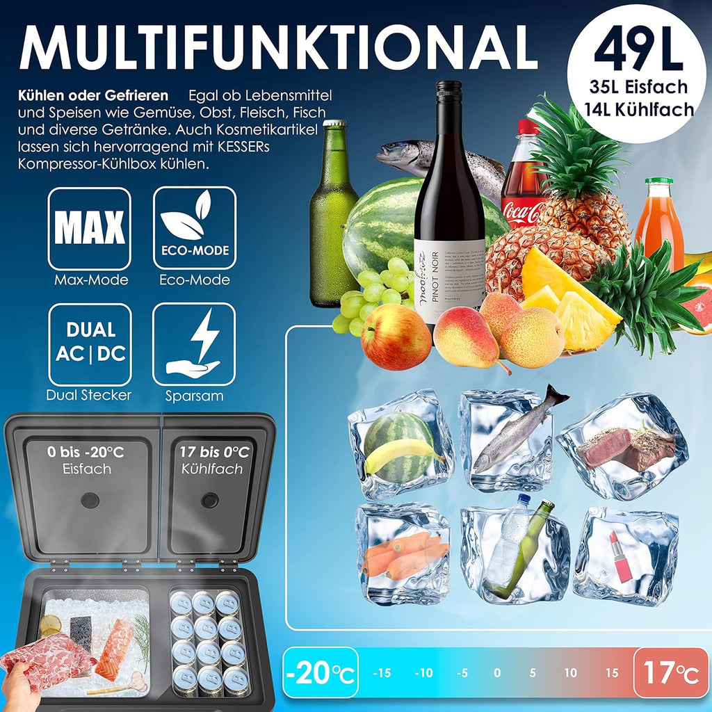 Nevera portátil con compresor KESSER 2 en 1 de doble zona, refrigeración y congelador eléctrico con 2 acumuladores de frío y panel táctil LED | Refrigerador con enfriamiento hasta -20 °C para camping, coche, camión 12/24V 230V
