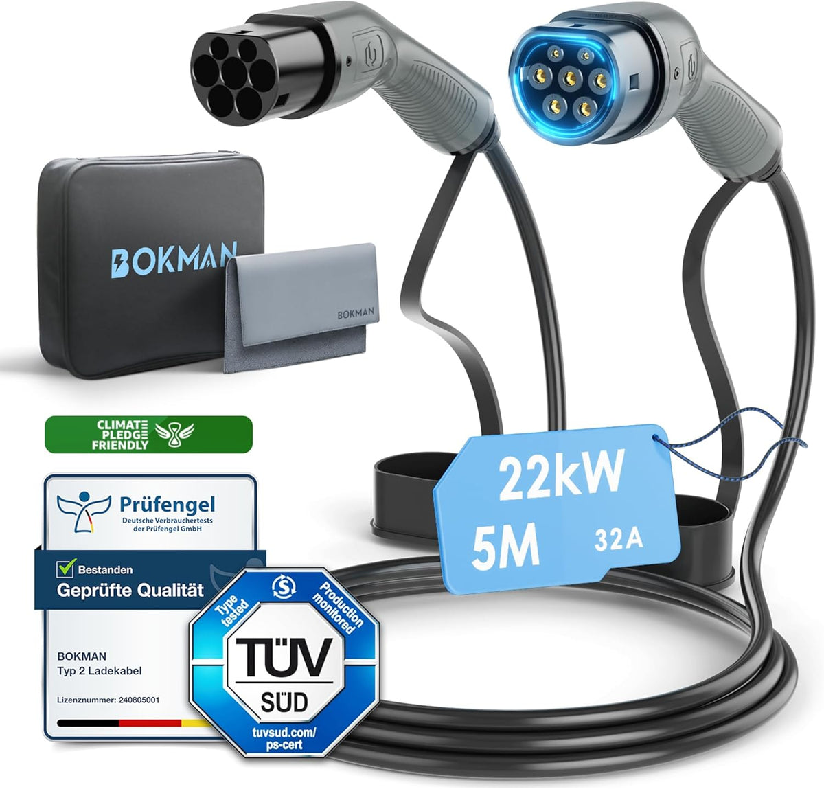 Cable de carga para coche eléctrico bokman tipo 2 (22 kW, 5 metros), impermeable IP55, carga rápida y segura compatible con Model3/e-208/500-e (cable T2)