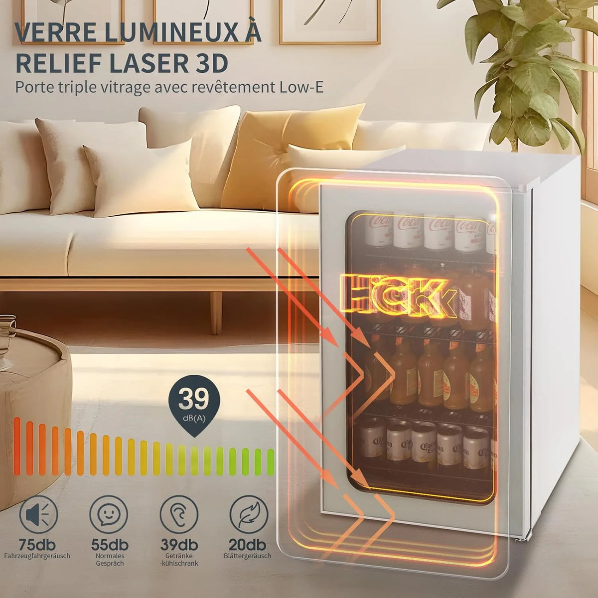 HCK Lodówka do napojów o pojemności 98 l, mini lodówka z pomarańczowym oświetleniem 3D i szklanymi drzwiczkami, lodówka kompaktowa 105 puszek z regulowanymi półkami na napoje gazowane, piwo lub wino