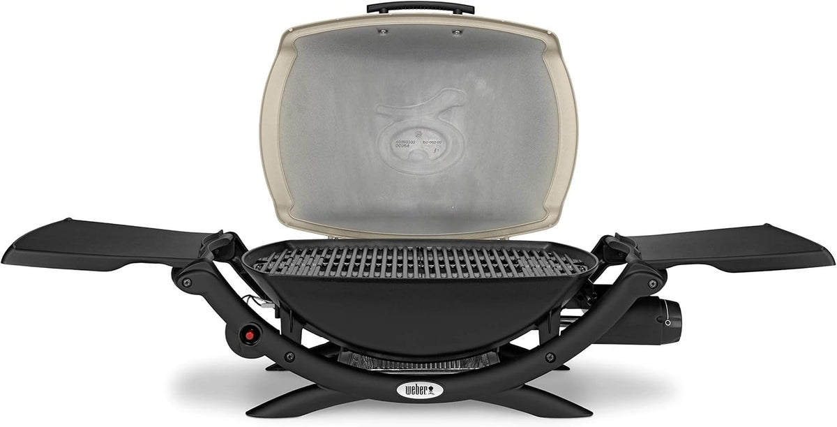 Barbacoa de gas Weber Q2000, superficie de cocción de 54 x 39 cm, barbacoa portátil, 1 quemador, con mesas laterales plegables, parrilla de hierro fundido vitrificado dividida en 2 partes - Titanio (53060079)
