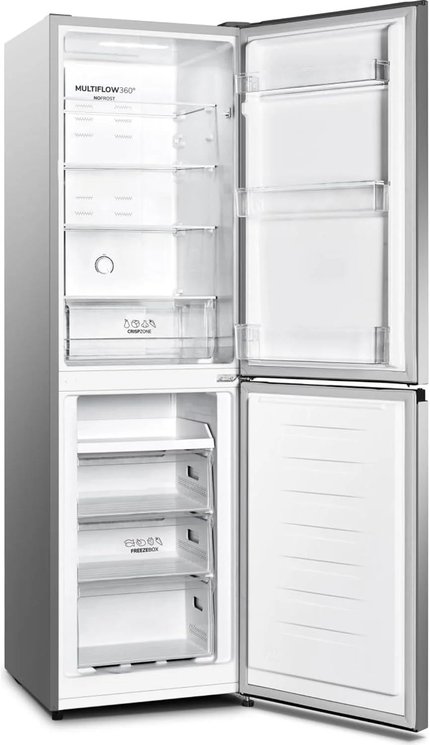 Gorenje NRK418DCS4, lodówko-zamrażarka, wysokość 182 cm, szerokość 55 cm, 256 l (171 l/85 l), Total NoFrost, Multiflow 360°, wymienne drzwiczki, CrispZone, Eco Use, Inox Look [klasa energetyczna D]