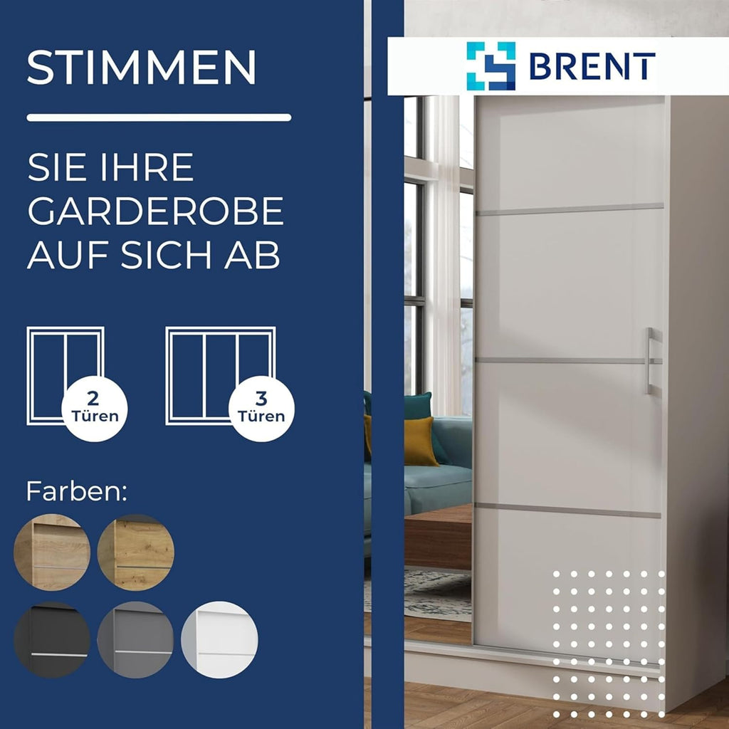 Brent - Armario con espejo, 100 cm de ancho, Windsor Tomy I Armario de dormitorio con 2 barras para ropa y estantes para ropa I Armario ropero Roble Sonoma