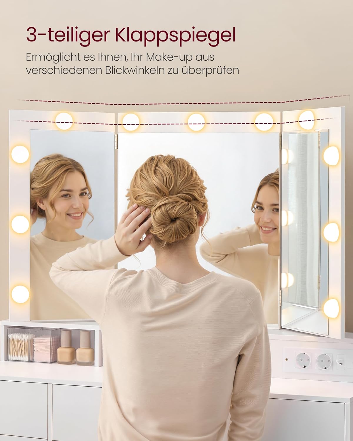 Colección VASAGLE Kailyn - Tocador, espejo de 3 piezas, mesa de maquillaje con 11 bombillas, enchufes, 9 cajones, 3 colores de luz, montaje de rieles de cajón sin herramientas, blanco nube RDT146WB01