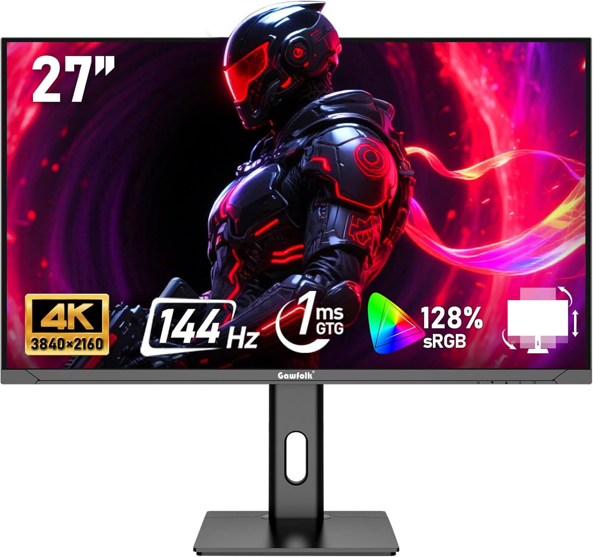 Gawfolk Monitor de PC 27 pulgadas IPS, monitor de juegos 4K UHD 144Hz, 1ms, FreeSync, 128% sRGB, ángulo de visión amplio de 178°, HDMI 2.1, DisplayPort, ajustable en altura y giratorio, VESA 75 * 75mm - Negro