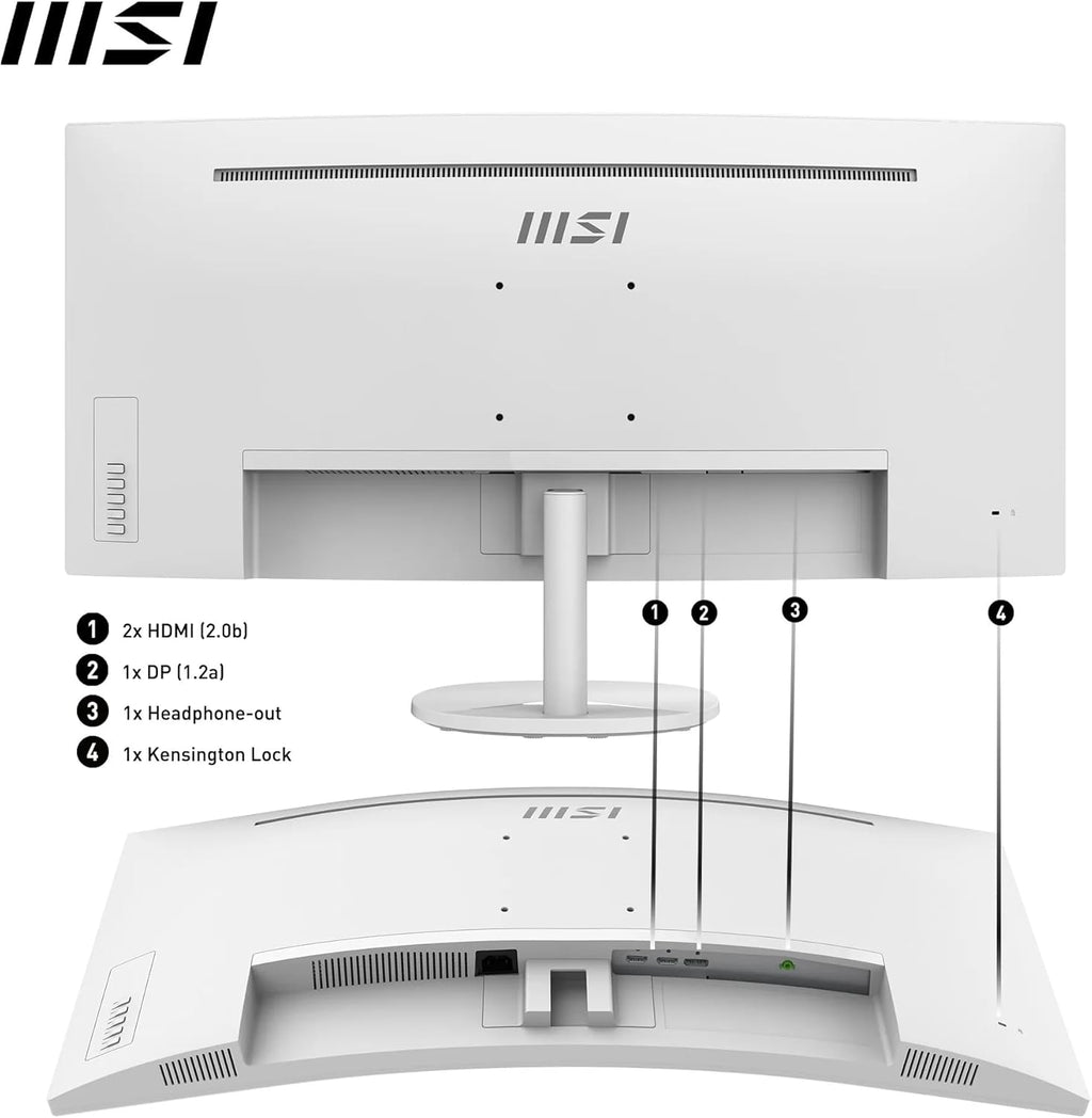 Monitor de oficina curvo MSI Pro MP341CQW 34" UWQHD - Panel VA 1500R, 3440x1440, 100Hz, confort ocular, contraste 3000:1, 21:9, altavoces integrados, DP 1.2a, HDMI 2.0b - Blanco
