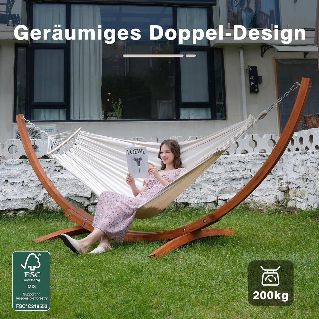 Hamaca con soporte, incluye 2 hamacas, capacidad de carga de 200 kg, dimensiones: 320x120x120 cm, estructura arqueada estable de madera de pino macizo, para jardín, terraza y balcón