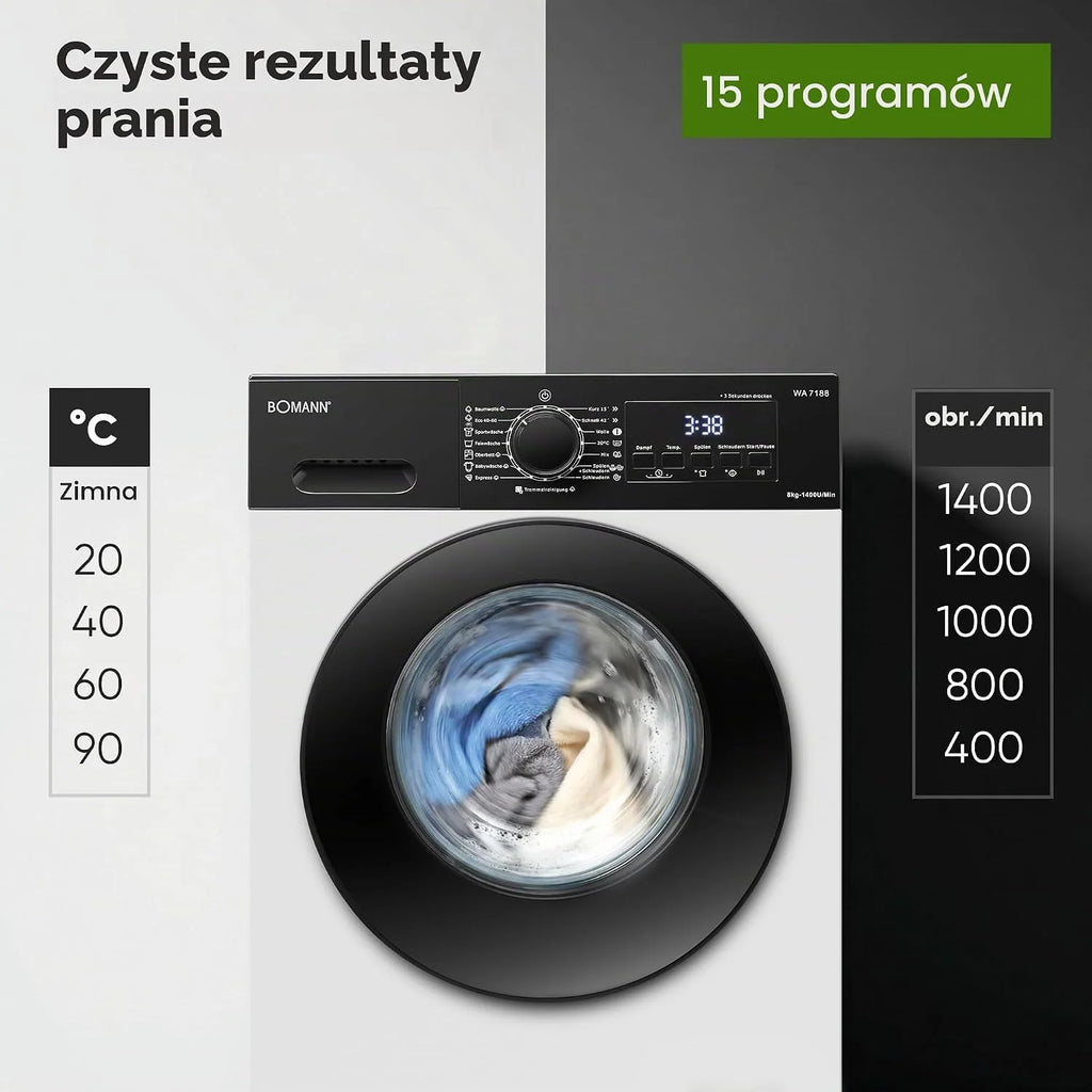 Bomann® WA 7188 pralka 8 kg | 5 lat silnika | wydajna, cicha i trwała | maks. 1400 obr./min | 15 programów | funkcja pary | wyświetlacz LED | Washing Machine | WA 7188 biało-czarna