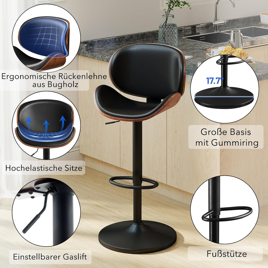 Set de 2 taburetes de bar, silla de bar ajustable en altura de piel sintética y madera maciza, silla giratoria 360° con respaldo y reposapiés para cocina, sala de estar, comedor, bar, negro