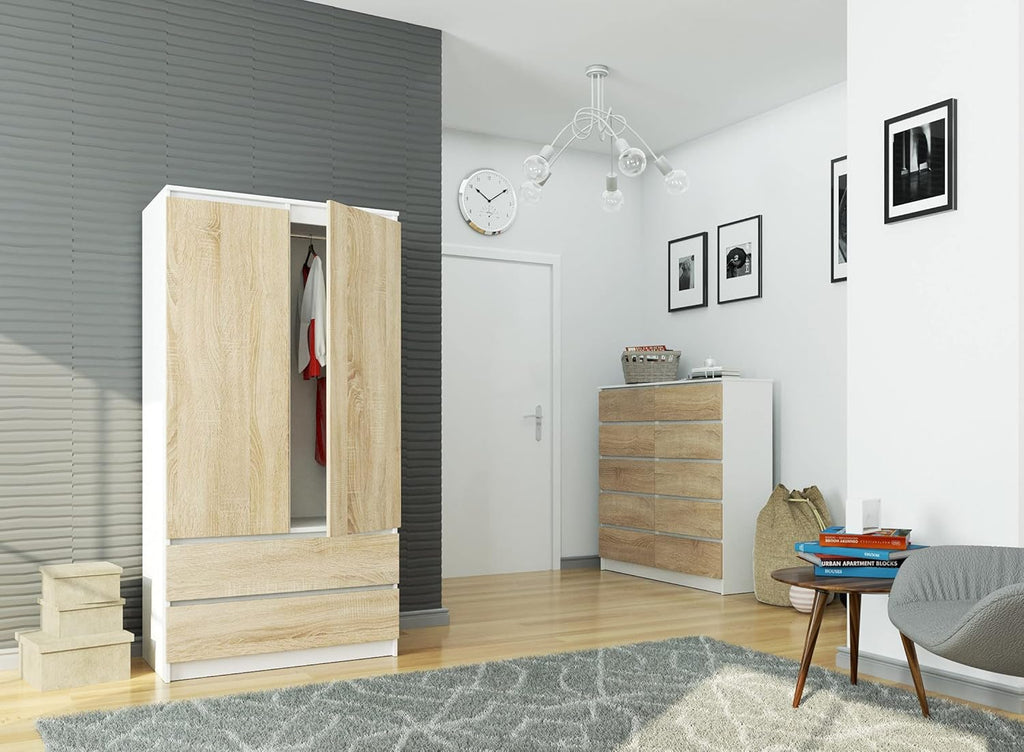 Armario de dos puertas AKORD S 90 cm, 2 cajones con estantes y una barra para colgar ropa, para dormitorio, armarios de estilo minimalista, tablero laminado de 16 mm, color blanco/sonoma