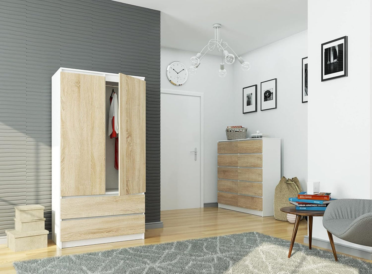 Armario de dos puertas AKORD S 90 cm, 2 cajones con estantes y una barra para colgar ropa, para dormitorio, armarios de estilo minimalista, tablero laminado de 16 mm, color blanco/sonoma