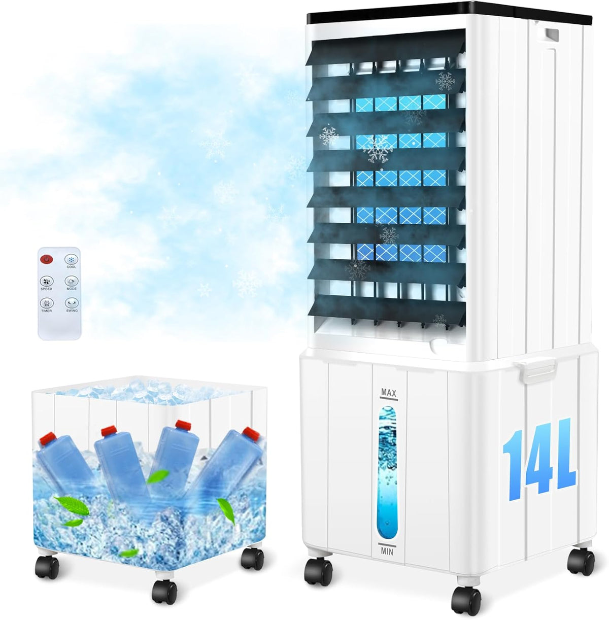 Aire acondicionado sin tubo de escape, 14L 60W, unidad móvil con temporizador de 12H, 3 modos, 40dB, oscilación de 120°, depósito de agua extraíble, control remoto, aire acondicionado portátil silencioso para apartamentos y habitaciones