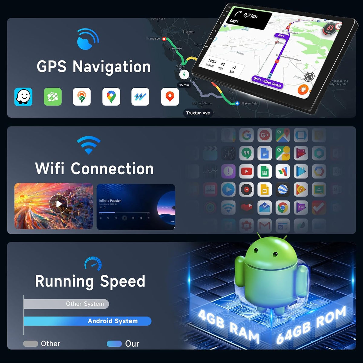 Autorradio Android 4G+64G para Peugeot 308 308SW 408 2007-2015, Radio con CarPlay y Android Auto inalámbricos, pantalla táctil de 9 pulgadas Hodozzy, navegación GPS, WiFi, DSP FM/RDS, radio 2 DIN + cámara