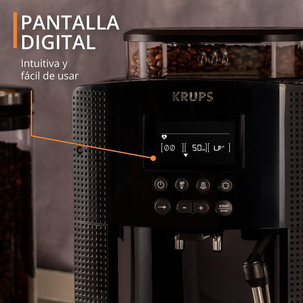 2025 Krups Essential - Cafetera superautomática, 15 bares de presión, molinillo cónico de metal, con selección de cantidad e intensidad de café, 1,7 l, 1 taza, acero, pantalla LCD + accesorios para leche