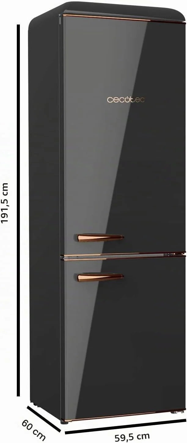 Cecotec Lodówka kombi 2-drzwiowa retro 300 l Bolero CoolMarket Combi Origin 300 Black E. Wysokość 191,5 cm i szerokości 60, regulacja temperatury, chromowany uchwyt i szklane tace, czarny