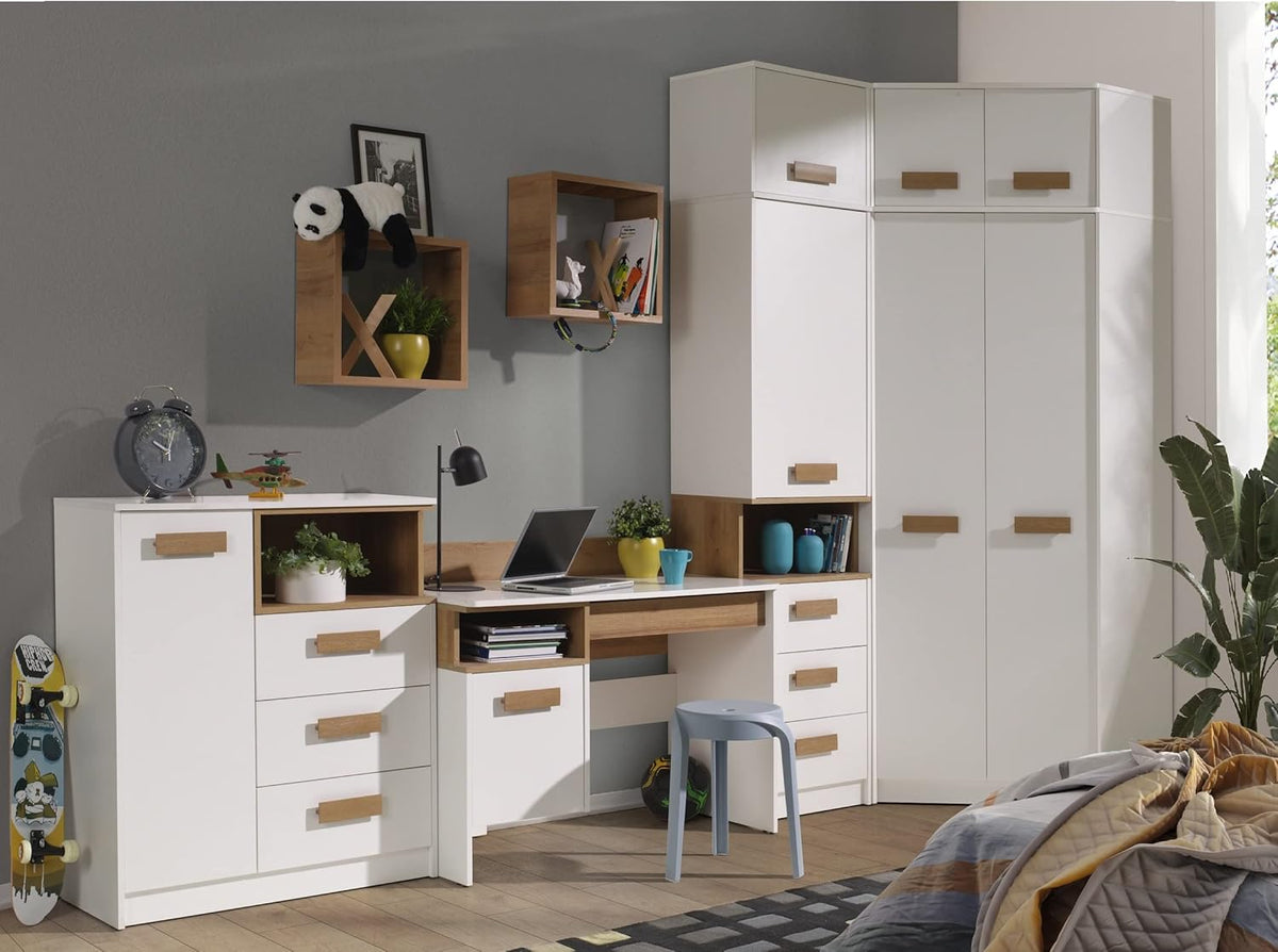 Marmex Grant G8+G15 - Armario esquinero 91x235x91 cm, estantería - armario esquinero con barras para ropa y estantes para habitación juvenil, dormitorio - armario rinconero - blanco + roble Riviera