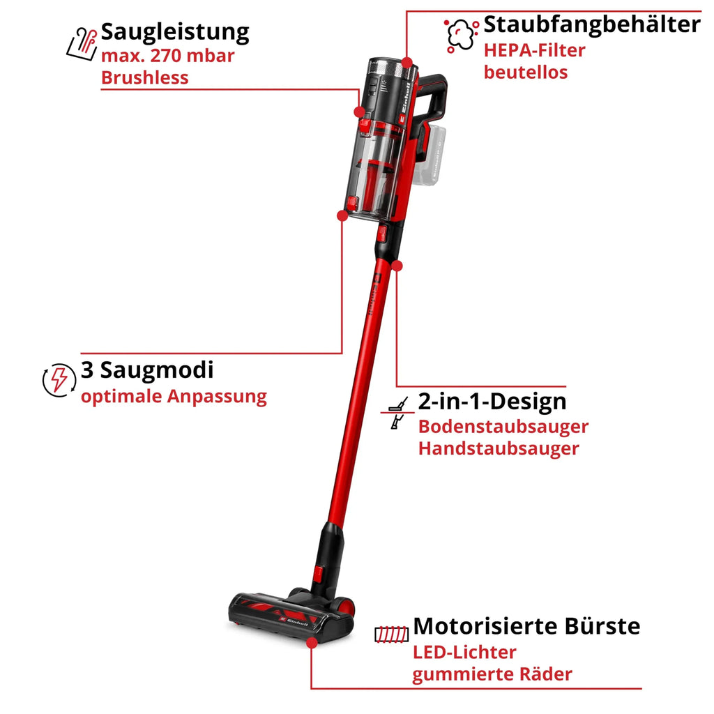 Aspiradora escoba inalámbrica Einhell TE-SV 18/270 BL-Solo PXC 18V sin escobillas, 270 mbar, sin bolsa, 3 modos, triple filtro, sin batería