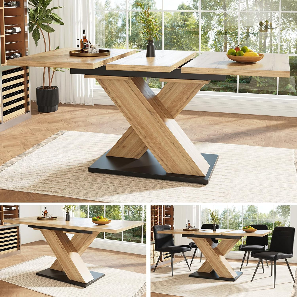 Mesa de comedor extensible con patas en forma de X para 4-6 personas, mesa de cocina y comedor con tablero de madera veteada, mesa de comedor extensible, 119-158.8x80x75 cm, color madera