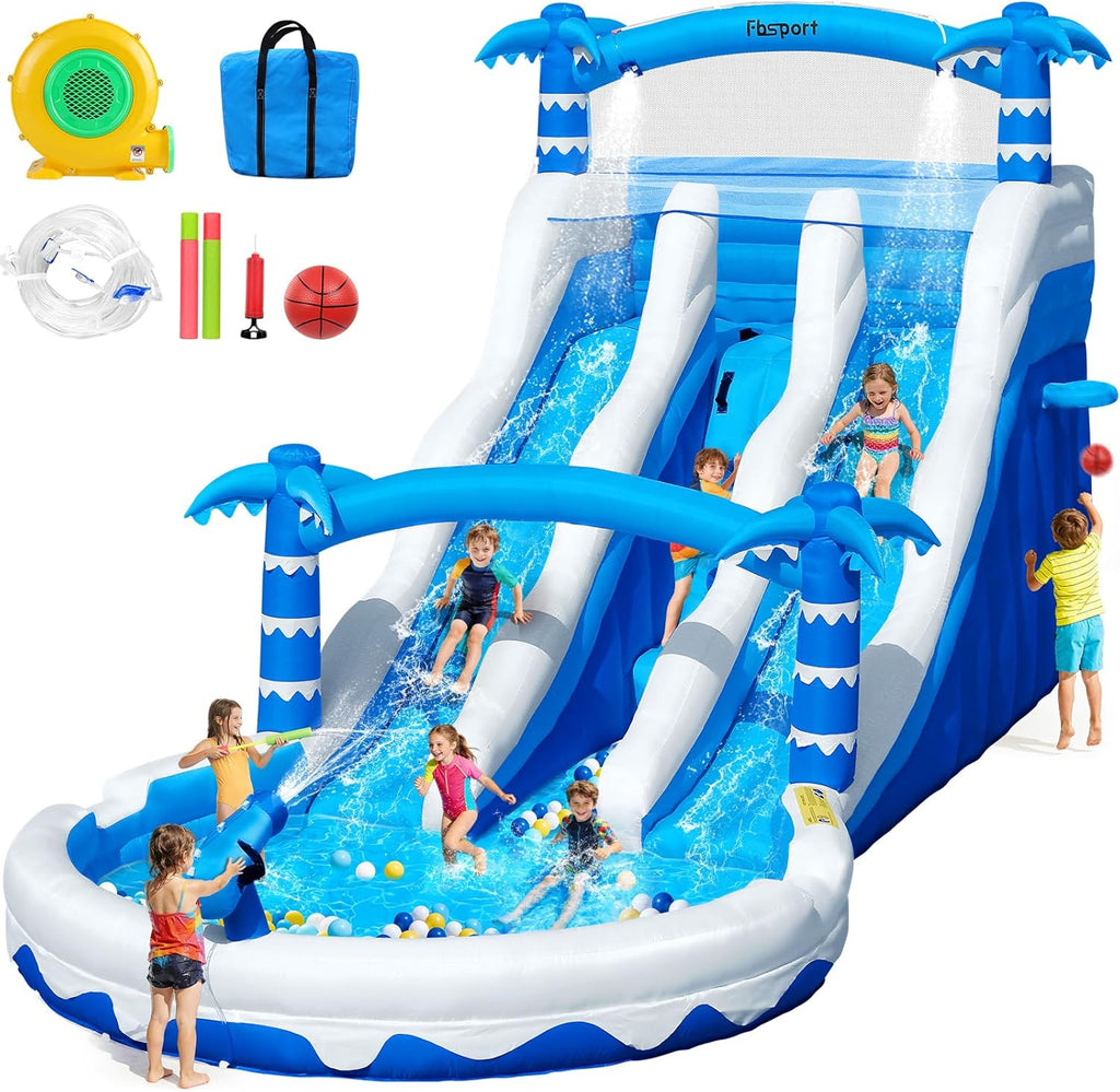 Castillo hinchable XXL con 2 toboganes de agua para uso comercial, adultos y niños, hinchable para interior y exterior con soplador, piscina, tobogán, canasta, sistema de aspersores y pared de escalada, 630x290x285 cm