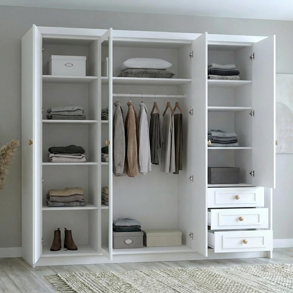 Armario de 4 puertas A und J MöbelLand Oslo con 3 cajones - 200 x 215 cm - Armario de puertas batientes con barra para colgar ropa y estantes, diseño moderno con tiradores de metal