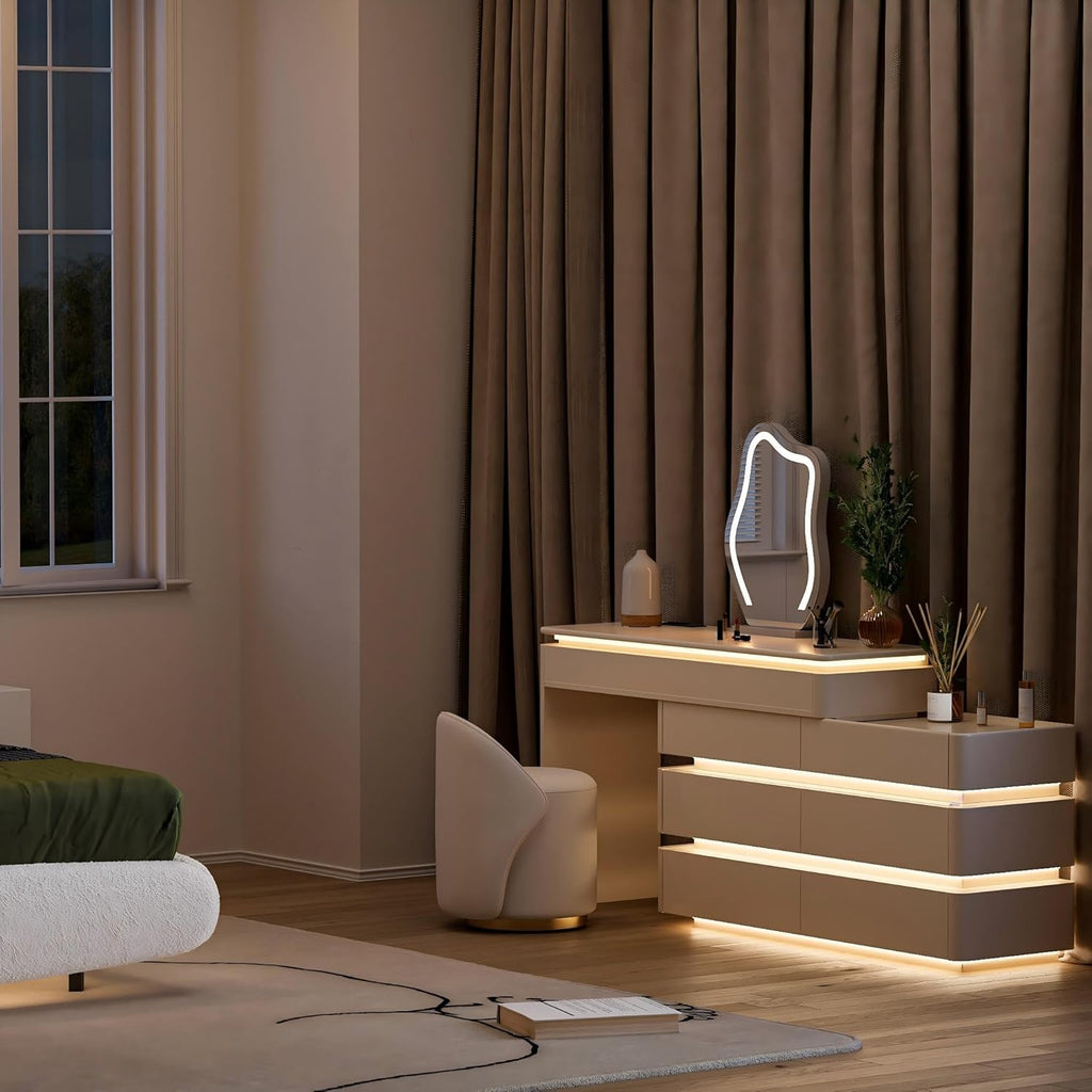 Tocador Homary con iluminación, tocador moderno con diseño extensible, iluminación LED regulable y estación de carga integrada para sus herramientas de belleza