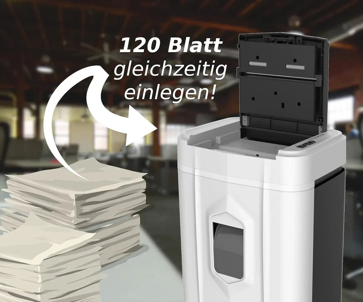 Destructora de documentos con alimentación automática de 120 hojas, corte en partículas P4, funcionamiento continuo de 60 minutos, depósito de 25 L y sistema anti-atasco