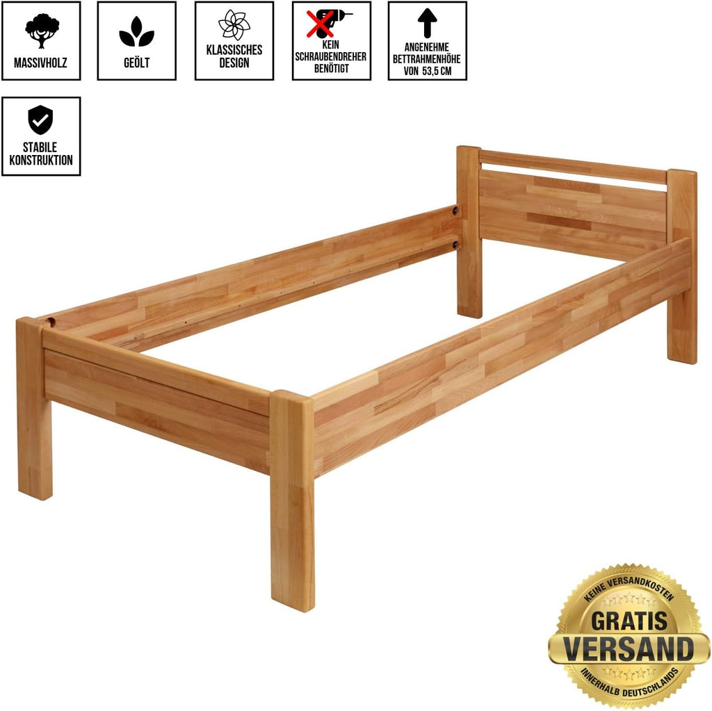 Cama para personas mayores Krok Wood SiSi de madera maciza (haya, 90 x 200 cm + mesita de noche)