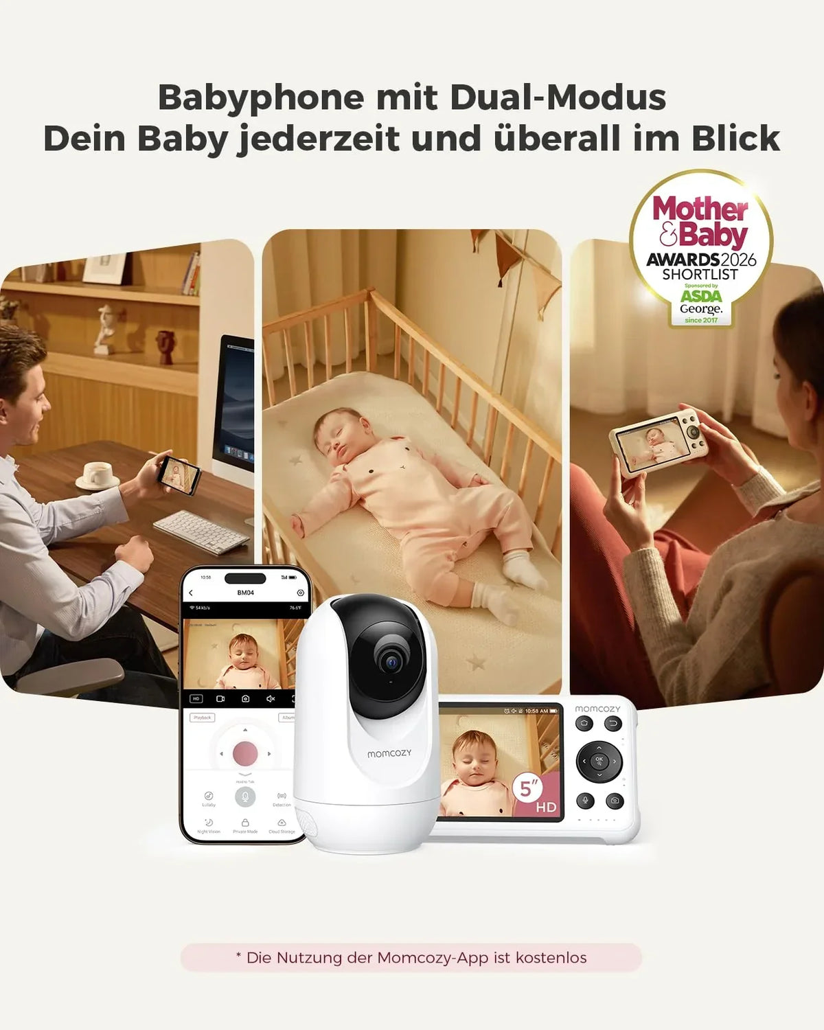 Monitor de bebé con 2 cámaras BM04-1 de 5 pulgadas, Wi-Fi, 1080p, visión nocturna, audio bidireccional, detección de movimiento, control por aplicación y zoom 4x