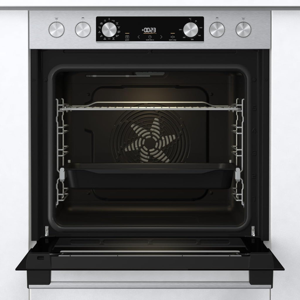 Set de horno empotrable Gorenje con aire caliente Inox Set 4 con placa vitrocerámica / 77 litros / ExtraSteam / GentleClose & Open / EcoClean / AirFry / PizzaMode / PerfectGrill / guías telescópicas / aspecto inox