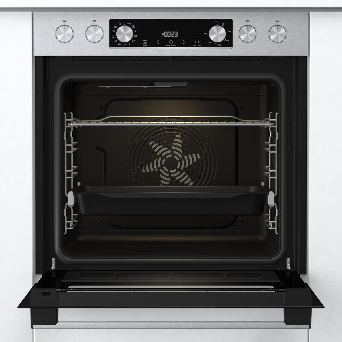 Set de horno empotrable Gorenje con aire caliente Inox Set 4 con placa vitrocerámica / 77 litros / ExtraSteam / GentleClose & Open / EcoClean / AirFry / PizzaMode / PerfectGrill / guías telescópicas / aspecto inox