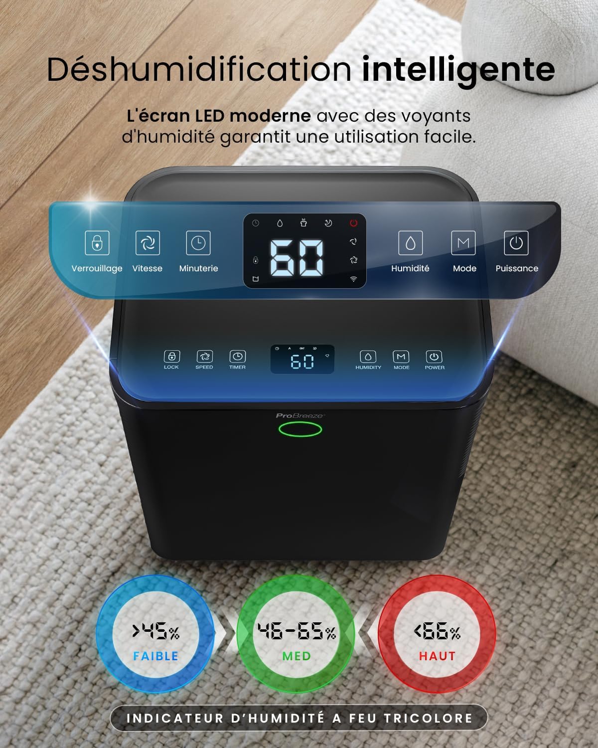 Deshumidificador con compresor inteligente Pro Breeze OmniDry 12L/día, depósito de 2L, temporizador de 24h, secado de ropa - Absorbedor de humedad automático, elimina moho y condensación