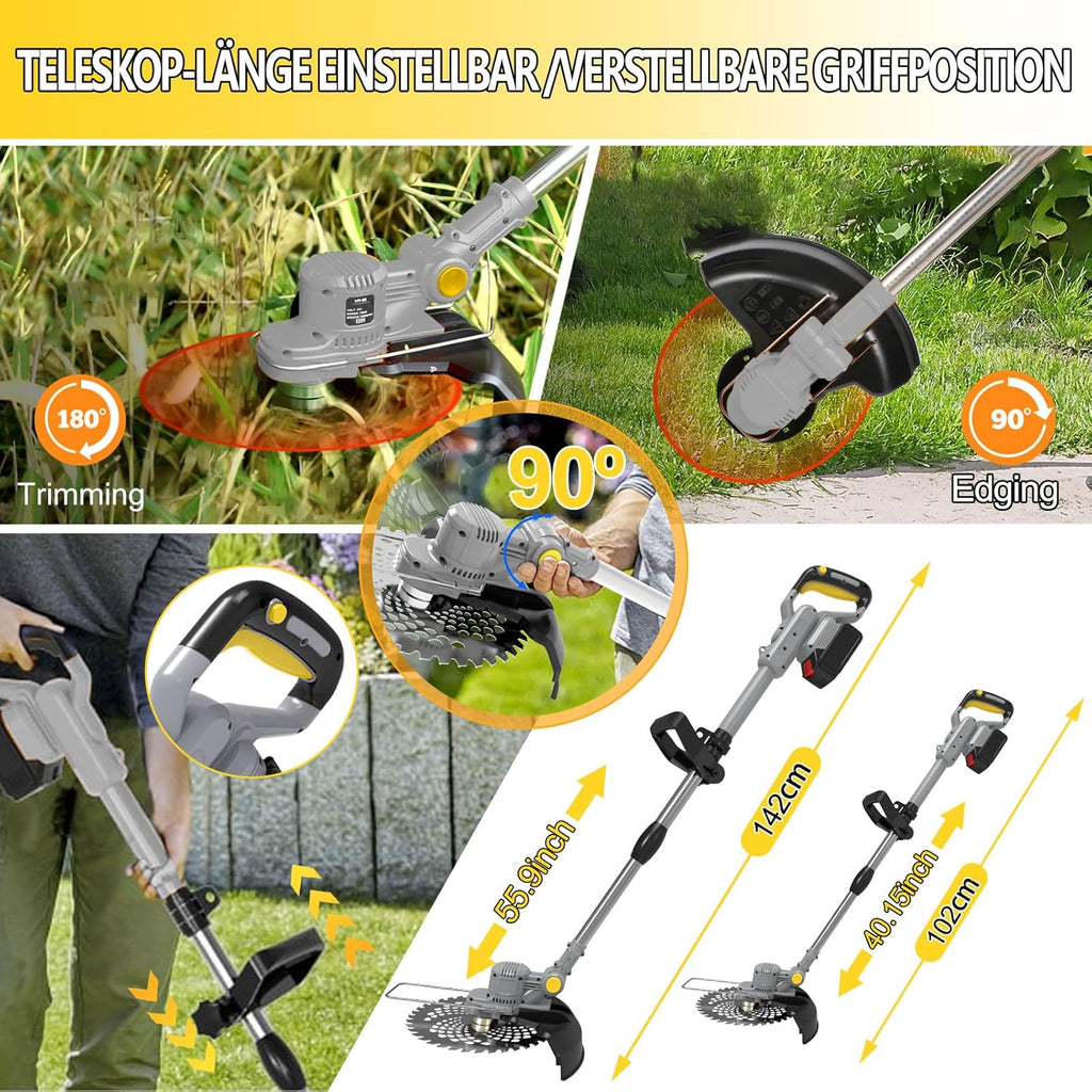 Cortacésped inalámbrico con batería y cepillo para malas hierbas 4 en 1, desbrozadora con cepillo para malas hierbas, desbrozadora sin escobillas de 21 V, cortacésped eléctrico con 2 baterías de 4.0 Ah, cargador, telescópico, ajustable, naranja