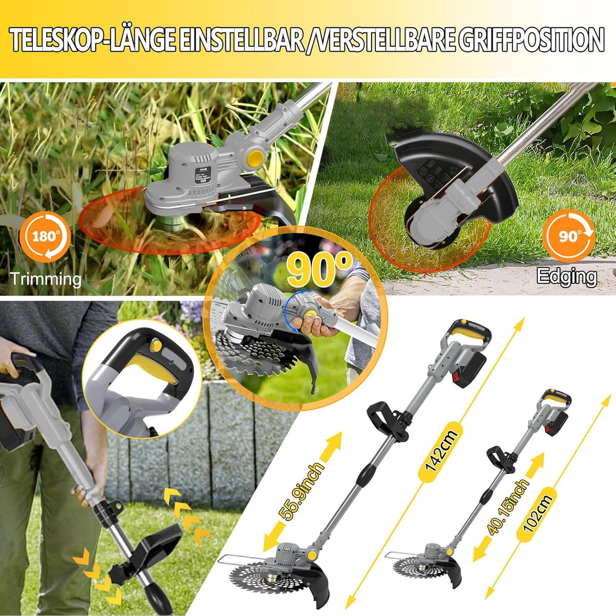 Cortacésped inalámbrico con batería y cepillo para malas hierbas 4 en 1, desbrozadora con cepillo para malas hierbas, desbrozadora sin escobillas de 21 V, cortacésped eléctrico con 2 baterías de 4.0 Ah, cargador, telescópico, ajustable, naranja
