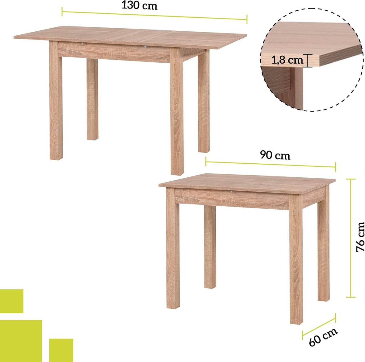 Mesa de comedor inteligente de 90x60 cm en roble, mesa de cocina extensible hasta 130 cm, mesa de comedor de madera contrachapada incl. placa de extensión, mesa moderna para hasta 6 personas